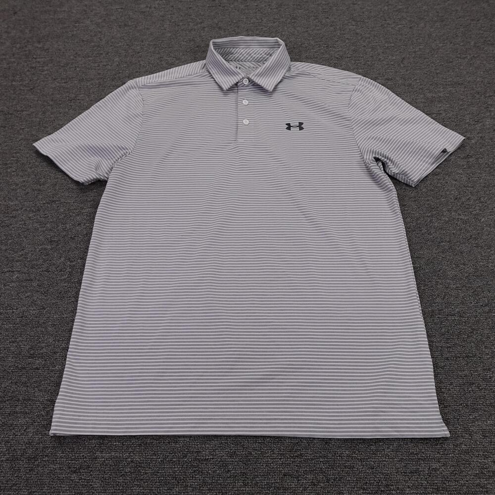 Under Armour Polo Shirt Mens Medium Gray Striped HeatGear Golf Stretch Top